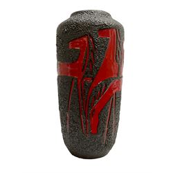  West German fat lava vase of shouldered form decorated with red horses on a pitted black lava ground, with impressed marks beneath, H45cm