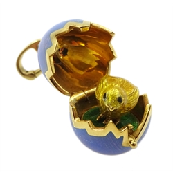 Victor Mayer for Faberge 18ct gold and blue guilloche enamel pendant, hinged lid revealing chick within, limited edition No.617/1000 reference No. F-1817 OB, stamped 750, boxed with certificate of authenticity 

[image code: 6mc]