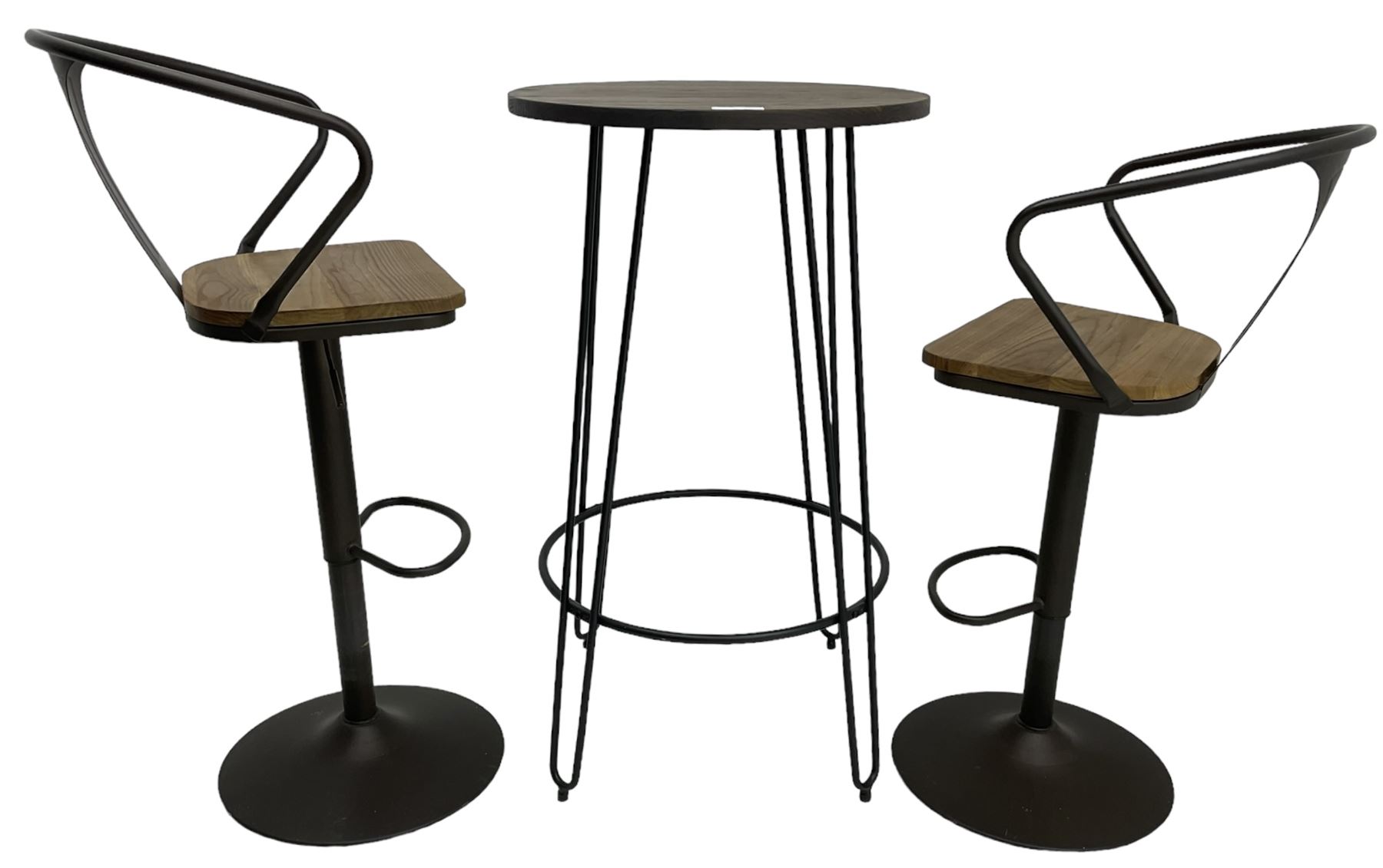 NEXT Home - rustic pine and wrought metal bistro table, circular top over dark grey metal base (W61cm H104cm); and pair of matching high stools, with swivel and adjustable height action (H113cm)