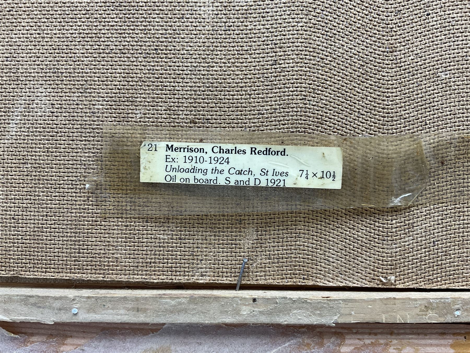 Charles Redford Merrison (British 1879-1964): 'Unloading the Catch - St Ives', oil on board signed and dated '21, 17cm x 24cm