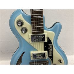 Italia Mondial electric guitar in blue with independent pick-ups, serial no.150066 L100cm; in original Italia carrying case 