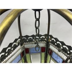 Victorian brass and stained leaded glass hall lantern, of hexagonal form, supported by four domed arms and pierced fret, H46cm W20cm