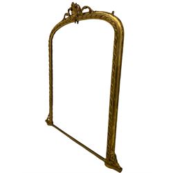 Victorian gilt framed overmantle mirror, arched top with anthemion and scrolled foliate pediment, rope twist moulded frame with scrolled leaf brackets