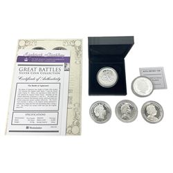 Five Queen Elizabeth II commemorative silver coins, including Bailiwick of Jersey 2009 'King Henry VIII' piedfort five pounds, Isle of Man 2019 one ounce fine silver Angel etc