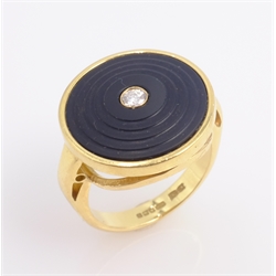  Black oynx and diamond gold ring, circular stepped design hallmarked 18ct  