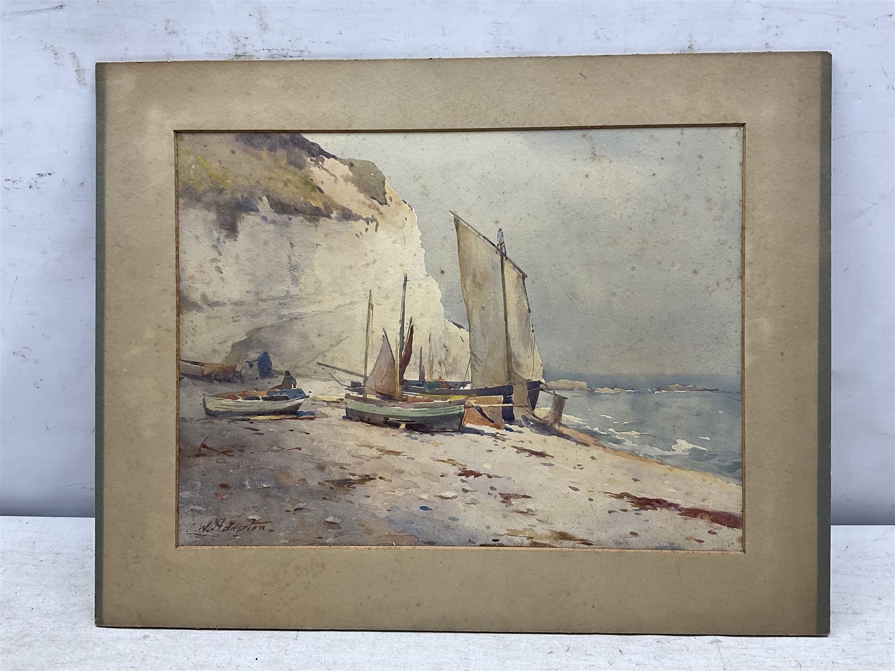 Charles William Adderton (British 1866-1944): Fishing Boats at Flamborough, watercolour signed 26cm x 35cm (unframed)
Provenance: direct from the family of the artist Harry Wanless 1872-1934, part of a collection never previously seen on the market
Notes: Adderton was a friend of the brothers Harry and Charles Wanless, all of whom studied under Albert Strange at the Scarborough School of Art School. Adderton had a studio at 55 Sandside, Scarborough between 1894 and 1901, he moved to Ockbrook Derby and later to Robin Hoods Bay where he was a member of the Fylingdales Group of Artists
