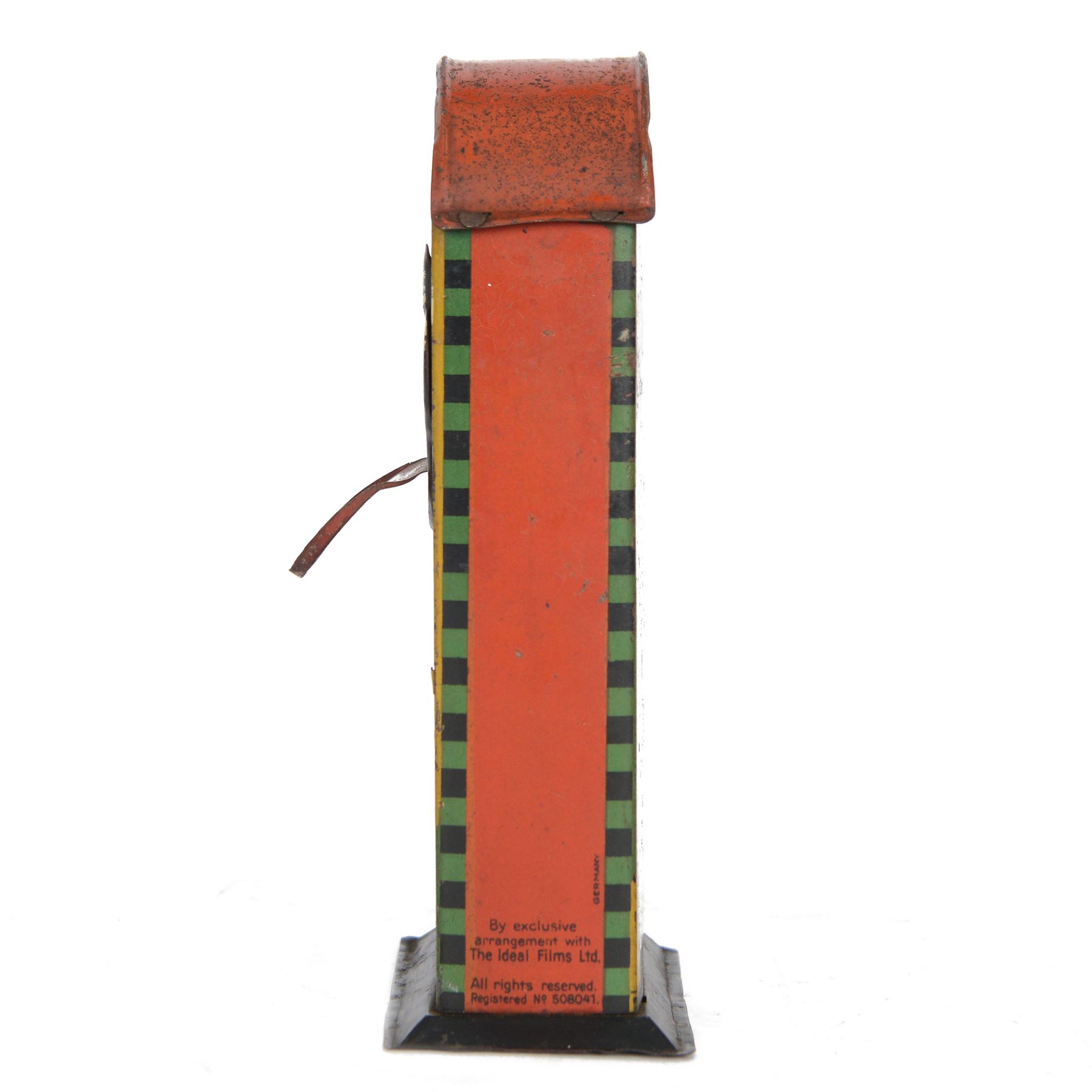 1930s Saalheimer & Strauss Mickey Mouse 'Smile Please' mechanical tin plate money box, depicting Mickey Mouse posing with folded hands to the front and verso as a photographer, above the motto 'If you only pull my ear you will see my tongue appear. Place a coin upon my tongue save your money while you're young', marked to one side 'By exclusive arrangement with Ideal Films Ltd. All rights reserved. Registered No 508041', with key, H17cm

