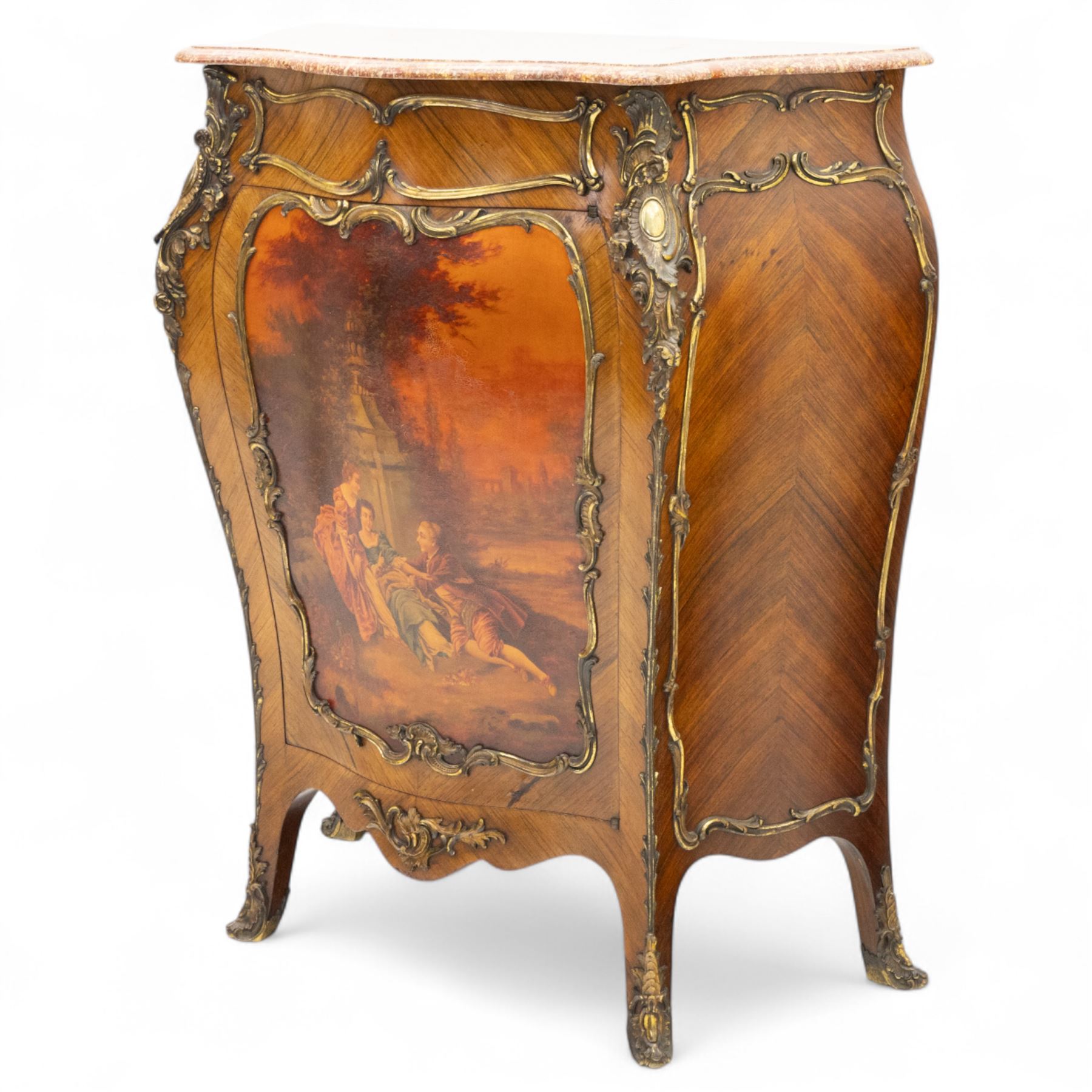Early 20th-century Louis XV revival Vernis-Martin style bombe-shaped kingwood cabinet, serpentine-shaped variegated Breccia Pernice marble top with moulded edge, the front panel decoration with a painted romantic pastoral scene, interior with two shelves, flanked by gilt bronze masks, sides with diagonally book-matched veneer, bordered by gilt bronze scrolling acanthus mounts, raised on short cabriole form legs with gilt-bronze sabots, key included 