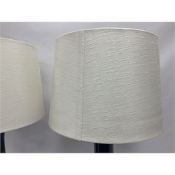 Pair of Chinese teal glazed table lamps, each of bottle form, raised upon circular hardwood bases, including shade H72cm 