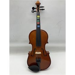 Four student violins - two Chinese three-quarter size with 33.5cm and 34cm two-piece backs; Stringers of Edinburgh quarter size with 28cm two-piece back; and Stentor quarter size with 28cm two-piece back; each in carrying case (4)