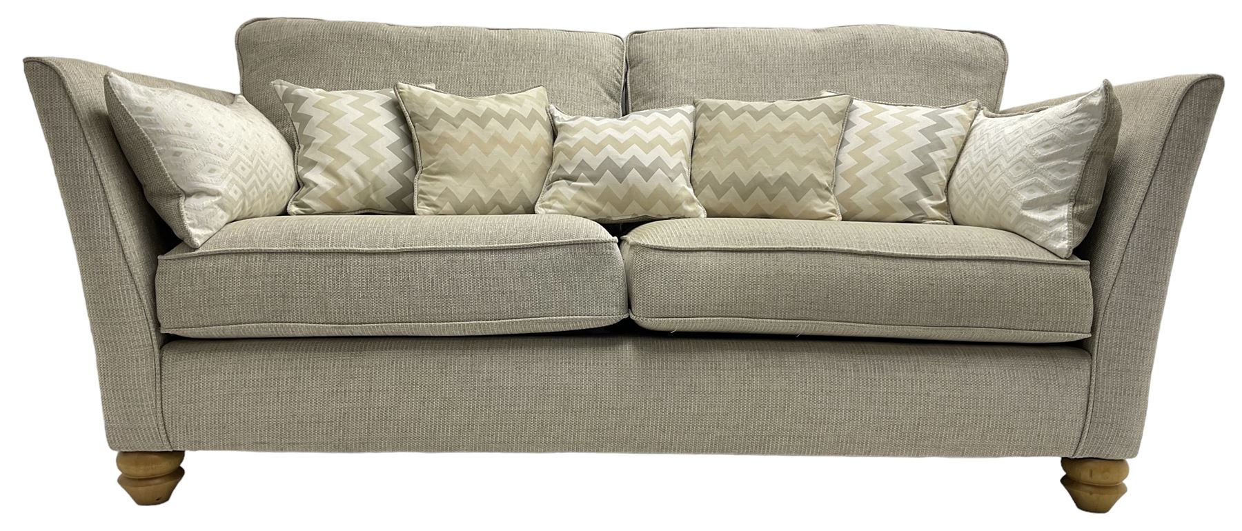 Oak Furnitureland - three-piece lounge suite upholstered in grey fabric, large three-seat sofa (W238cm, D106cm), two-seat sofa (W209cm), and snuggler sofa (W129cm)