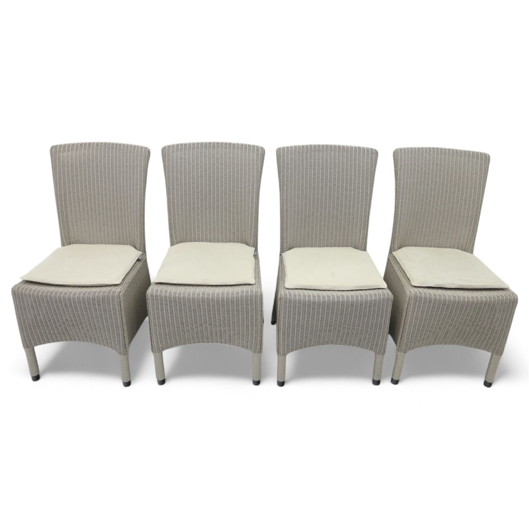Neptune – Sheldrake limed oak extendable dining table and eight Havan loom chairs, the oval top in limed oak finish with four additional leaves extending the table to seat up to ten (Extends to cm), raised on turned legs with two additional centre supports, the matching Havan loom chairs finished in grey with cream upholstered seat covers (H 95cm, W 47cm, D 55cm)