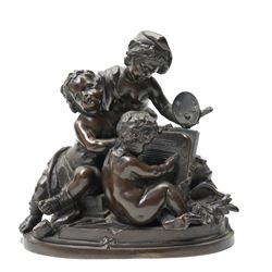 After Louis Valentine Elias Robert (French 1821-1874); pair of 19th century allegorical bronze groups, modelled as putti learning about the arts and sciences, bearing signature to the plinth, H17cm (2)