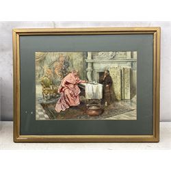 Augusto Daini (Italian 1860-1920): A Discussion Over Chess, watercolour signed 36cm x 53cm 