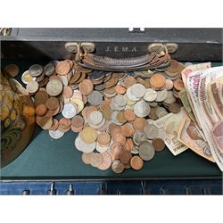 Large collection of continental coins and banknotes, in lacquered box, together with a box of eye instruments
