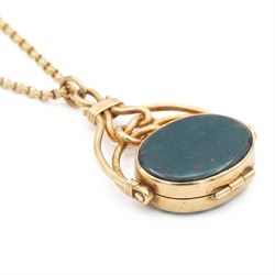 Gold bloodstone and agate opening swivel fob, with knot decoration, Birmingham 1990, on a gold belcher link chain necklace, both 9ct