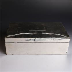 1920s silver mounted cigar box, of rectangular form with later applied vacant rectangular cartouche to hinged cover, opening to reveal compartmentalised softwood interior, hallmarked London 1923, makers mark worn and indistinct, H7cm, W22cm