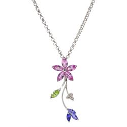 18ct white gold flower pendant, set with pink sapphire, diamond, peridot and tanzanite, on 18ct white gold trace link chain, hallmarked