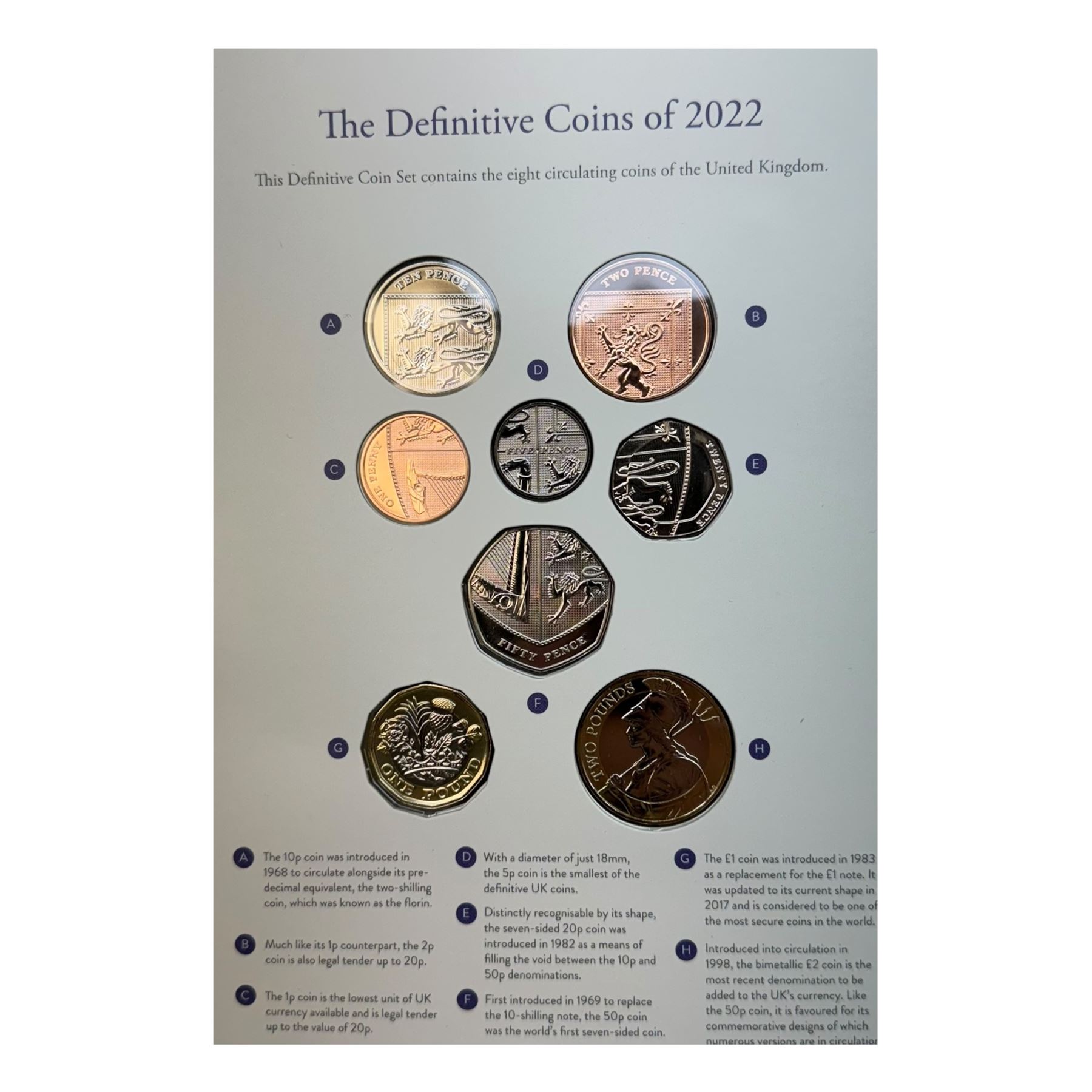 Seven The Royal Mint United Kingdom uncirculated coin sets, comprising  2008 'Emblems of Britain' seven coins, 2010 'A celebration of Britain' eight coins, 2014 'Definitive' eight coins, 2015 'The Fourth Circulating Coinage Portrait Final Edition' eight coins, 2022 'Definitive' eight coins, 2023 'King Charles III Definitives' eight coins and 2024 'Definitive' eight coins, all in card folders