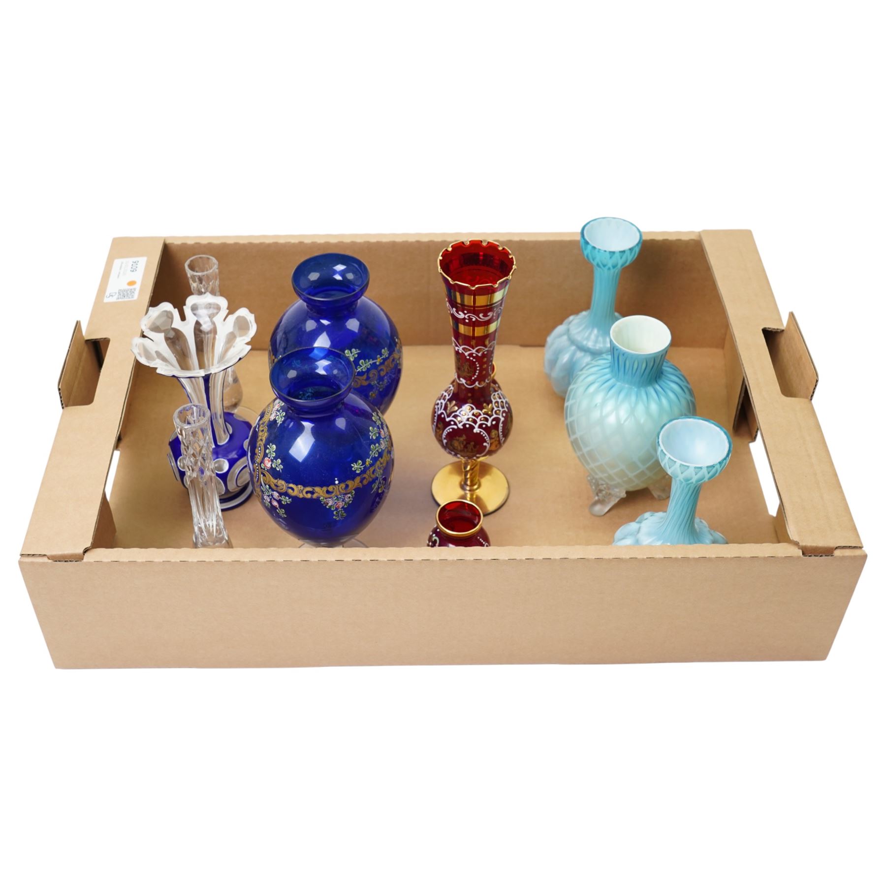 Three Victorian satin glass vases, and various other coloured glass examples