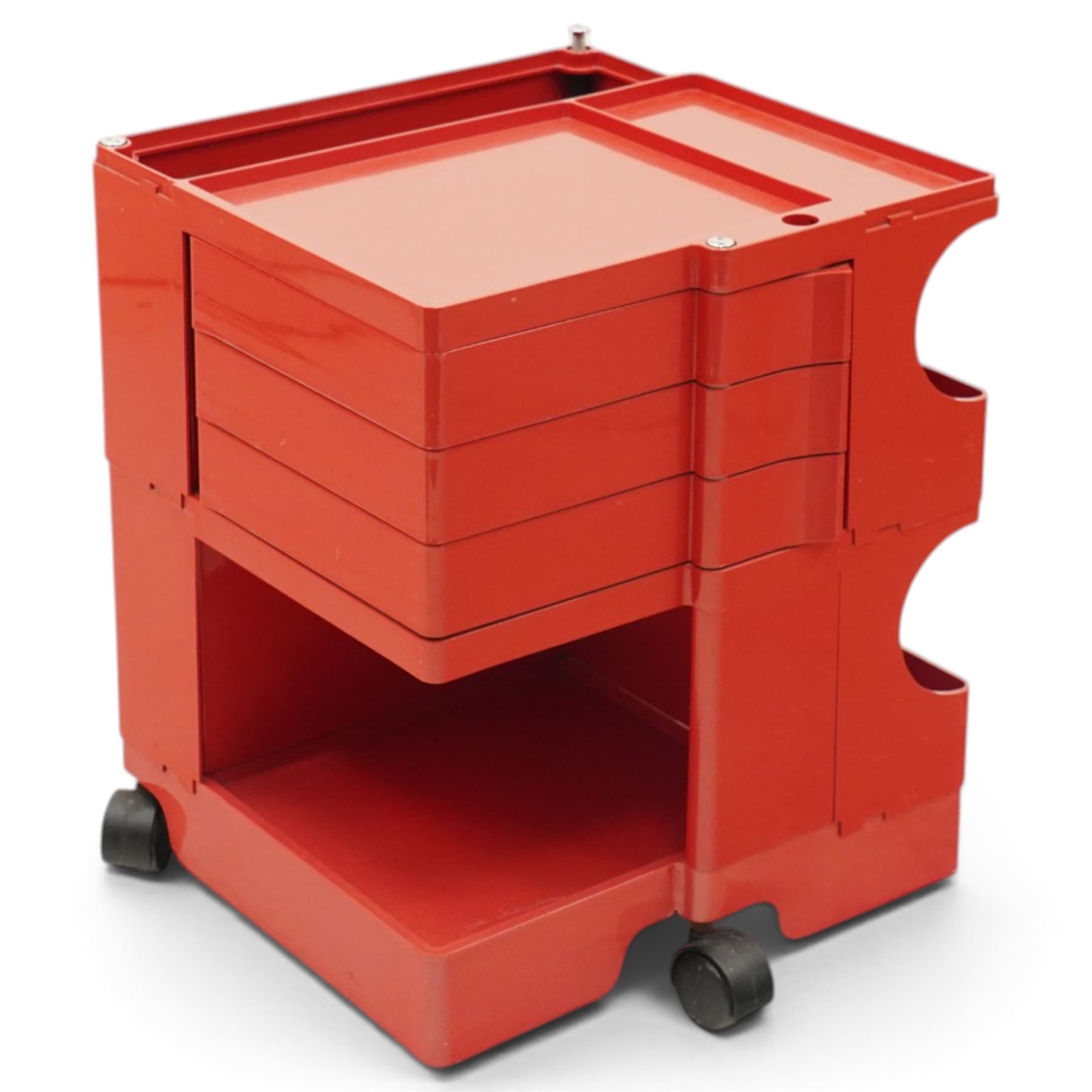 Joe Colombo (Italian 1930-1971) for Bieffeplast - 'Boby' red trolley circa 1970s, rectangular tray top above three pivoting drawers, open storage compartments raised on castors