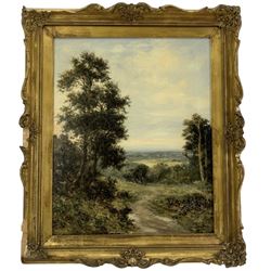 L Richards aka David Sherrin (British 1868-1940): Country Paths at Dawn, tryptic oils on canvas max 50cm x 75cm (3)