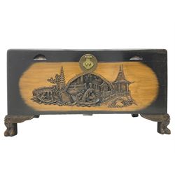 Singapore camphor wood blanket chest, rectangular hinged top with carved panel depicting traditional pagoda and river scenes