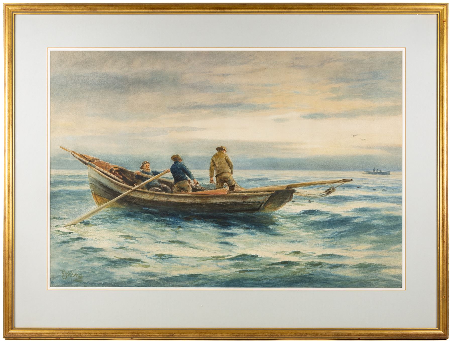 Robert Jobling (Staithes Group 1841-1923): Coble Pulling up the Nets, watercolour signed 56cm x 83cm