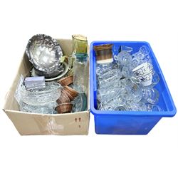 Quantity of glass to include art glass examples, drinking glasses sets etc together with silver plates and other metalware, ceramics etc