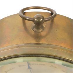 19th century brass drum-cased aneroid barometer, with silvered dial, D12cm 