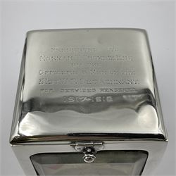 Edwardian silver mounted playing card case, hallmarked William Harrison Walter, Birmingham 1903, the sides each with a period playing card set behind a bevelled glass panel, the hinged cover with later engraving 'Presented to Norman T Crombie Esq by the officers & men of the 31st WR Detachment for services rendered 1917-1918', with red leather lined interior, the three compartments upon a sprung base and containing two later wooden Whist markers, case H12.5cm