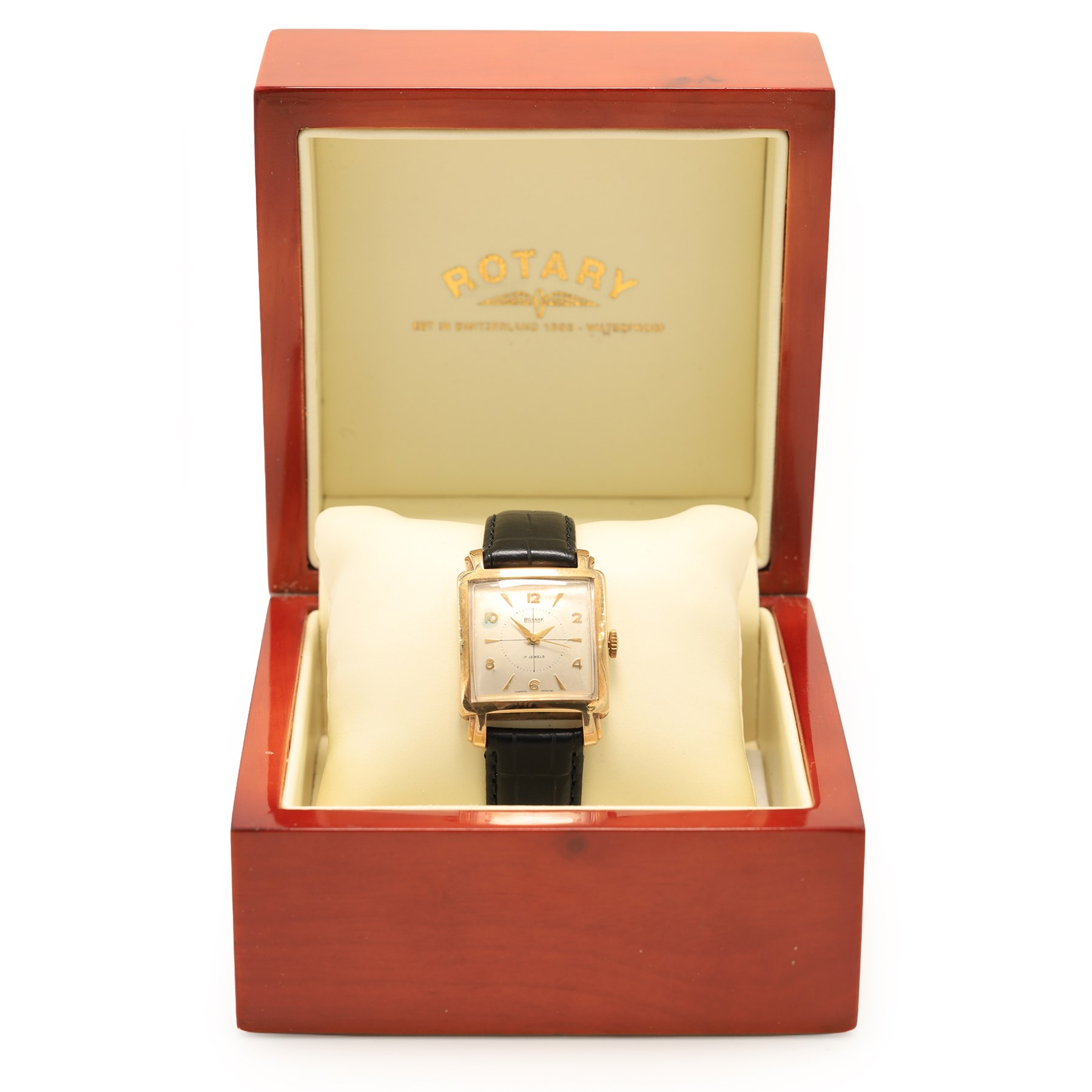 Rotary gentleman's 9ct gold manual wind wristwatch, square silvered dial with Arabic and dagger hour markers, London 1951, on black leather strap