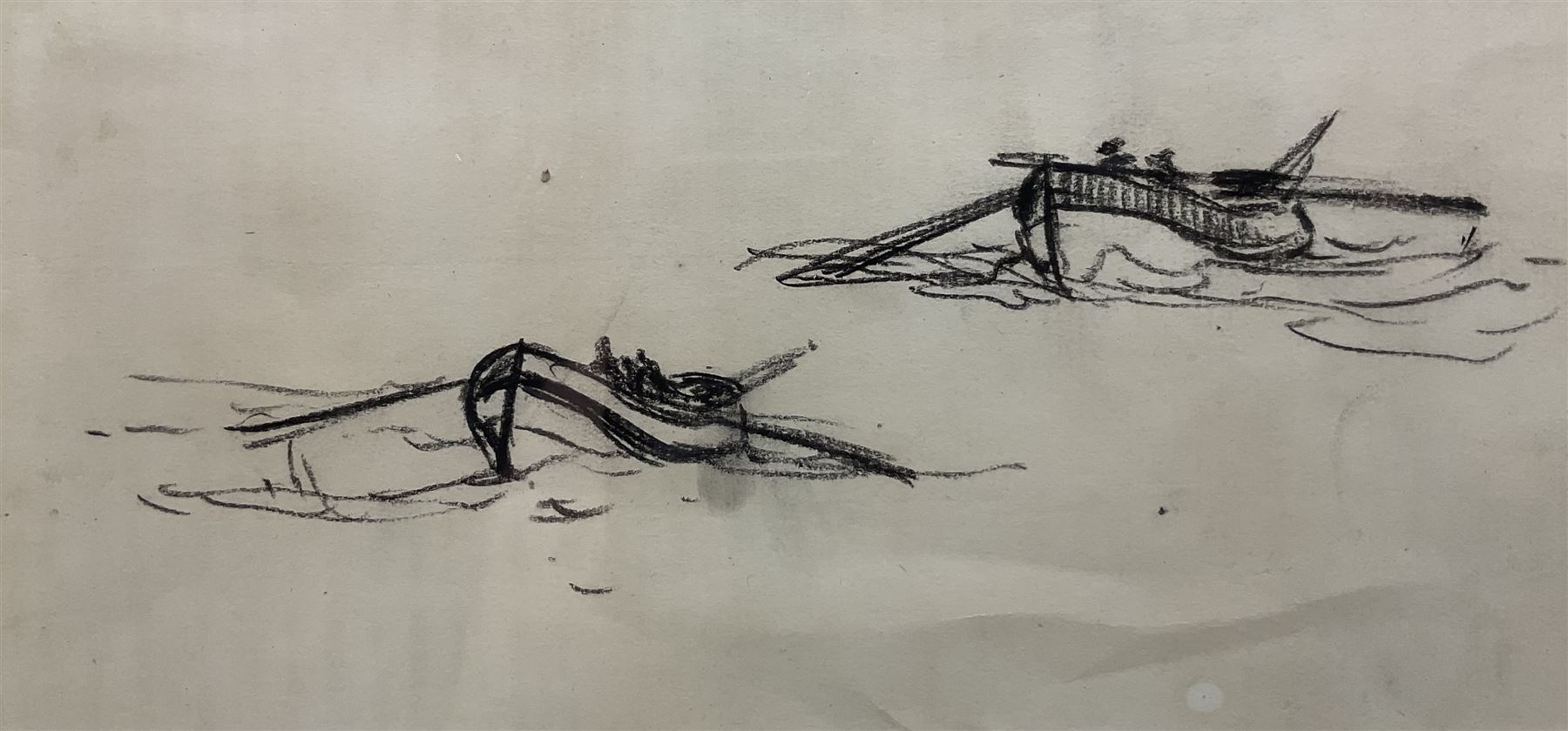 Joseph Richard Bagshawe (Staithes Group 1870-1909): Rowing Boats at Sea, charcoal sketch unsigned 8cm x 17cm 
Provenance: with Pybus Fine Arts, Whitby 2002, from one of the artist's sketchbooks, label verso