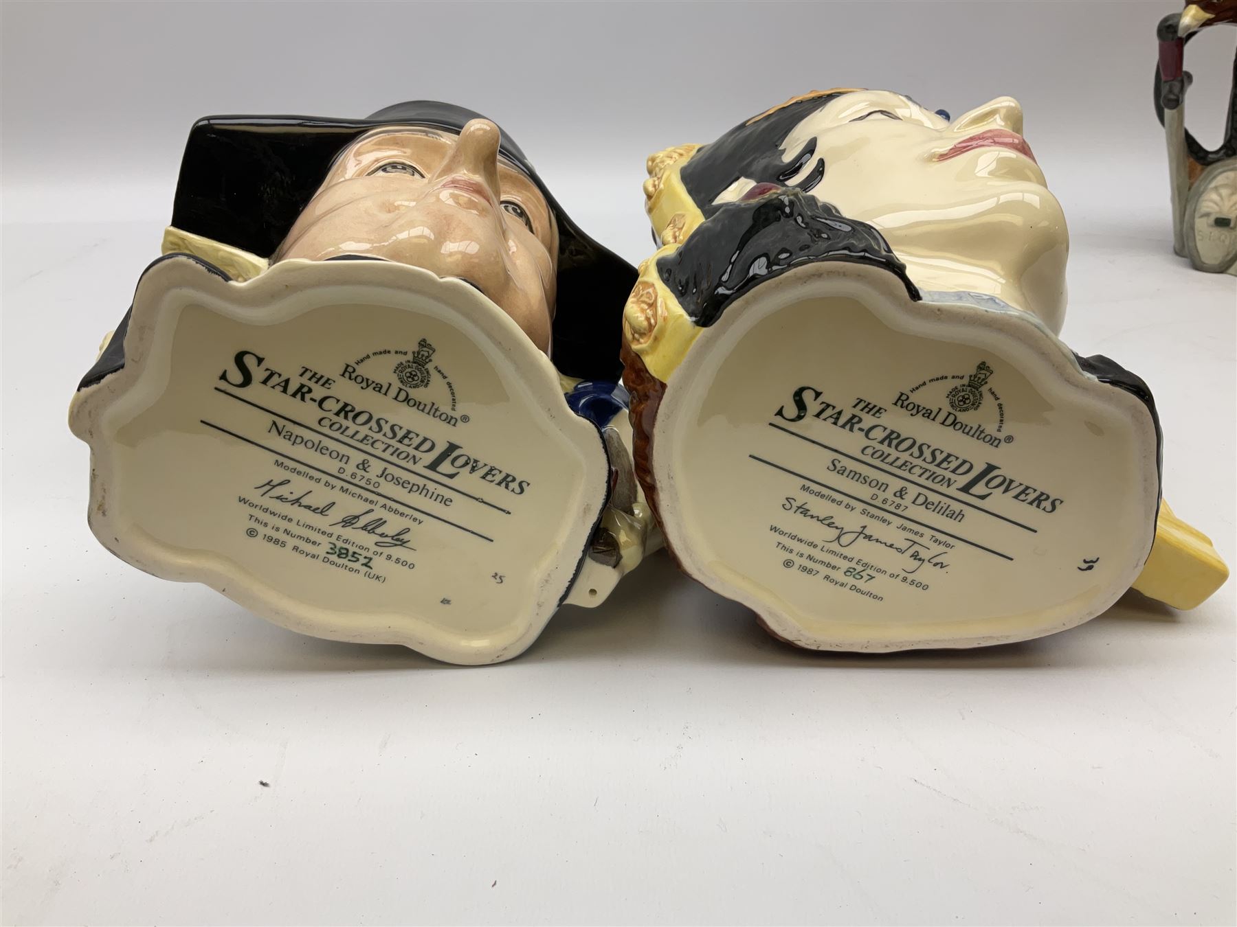 Royal Doulton double-sided character jugs from the Star Crossed Lovers Collection, comprising Napoleon & Josephine D6750, King Arthur & Guinevere D6836, Samson & Delilah D6787 and Antony & Cleopatra D6728