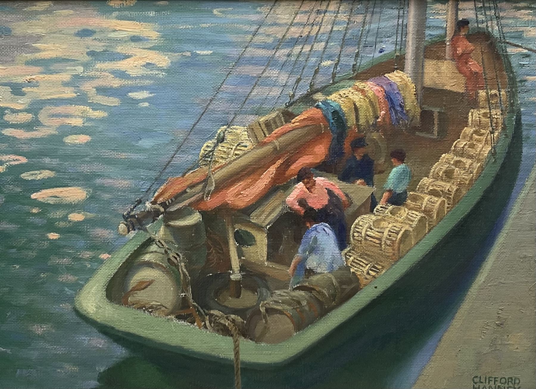 Clifford Hanney (British 1890-1990): Mediterranean Boat at the Quayside, oil on canvas board signed 27cm x 38cm