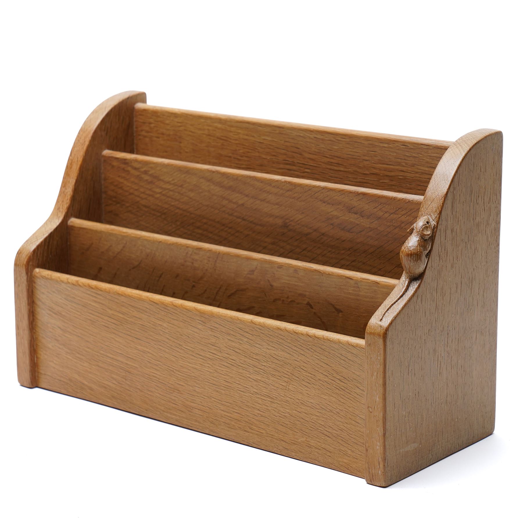 Mouseman - oak letter rack, three tiered with carved mouse signature, by the workshop of Robert Thompson, Kilburn, W33cm