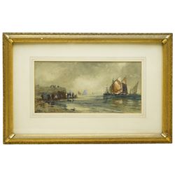 Thomas Bush Hardy (British 1842-1897): Dutch Coastal Scene with Figures and Ships, watercolour signed and indistinctly dated 18**, 16cm x 33cm