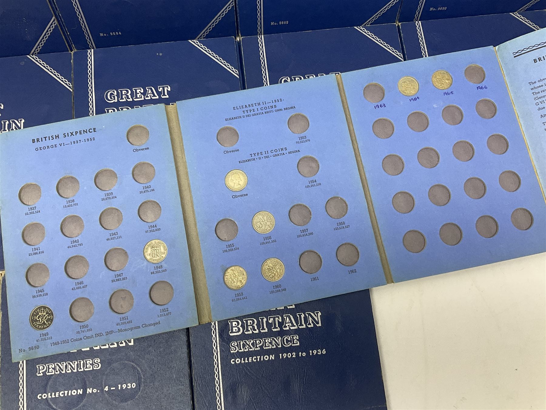 Fourteen part filled Whitman folders, including farthings, halfpennies, pennies and sixpences