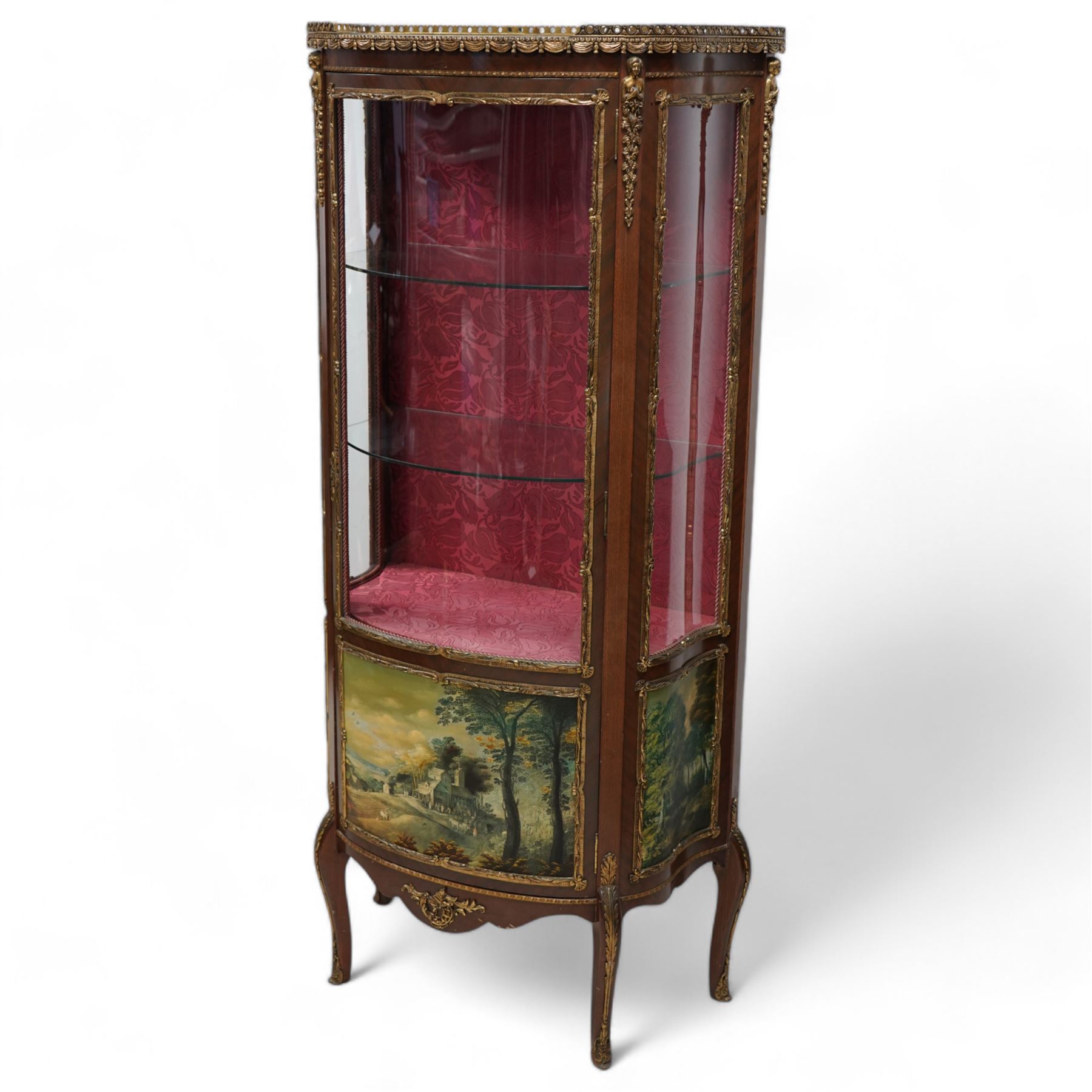 Mid-20th century rosewood vitrine display cabinet, shaped form with cast gilt metal gallery and mounts, enclosed by glazed door with Vernis Martin design panel, fabric lined interior with two glass shelves, on cabriole supports with cast acanthus leaf mounts 