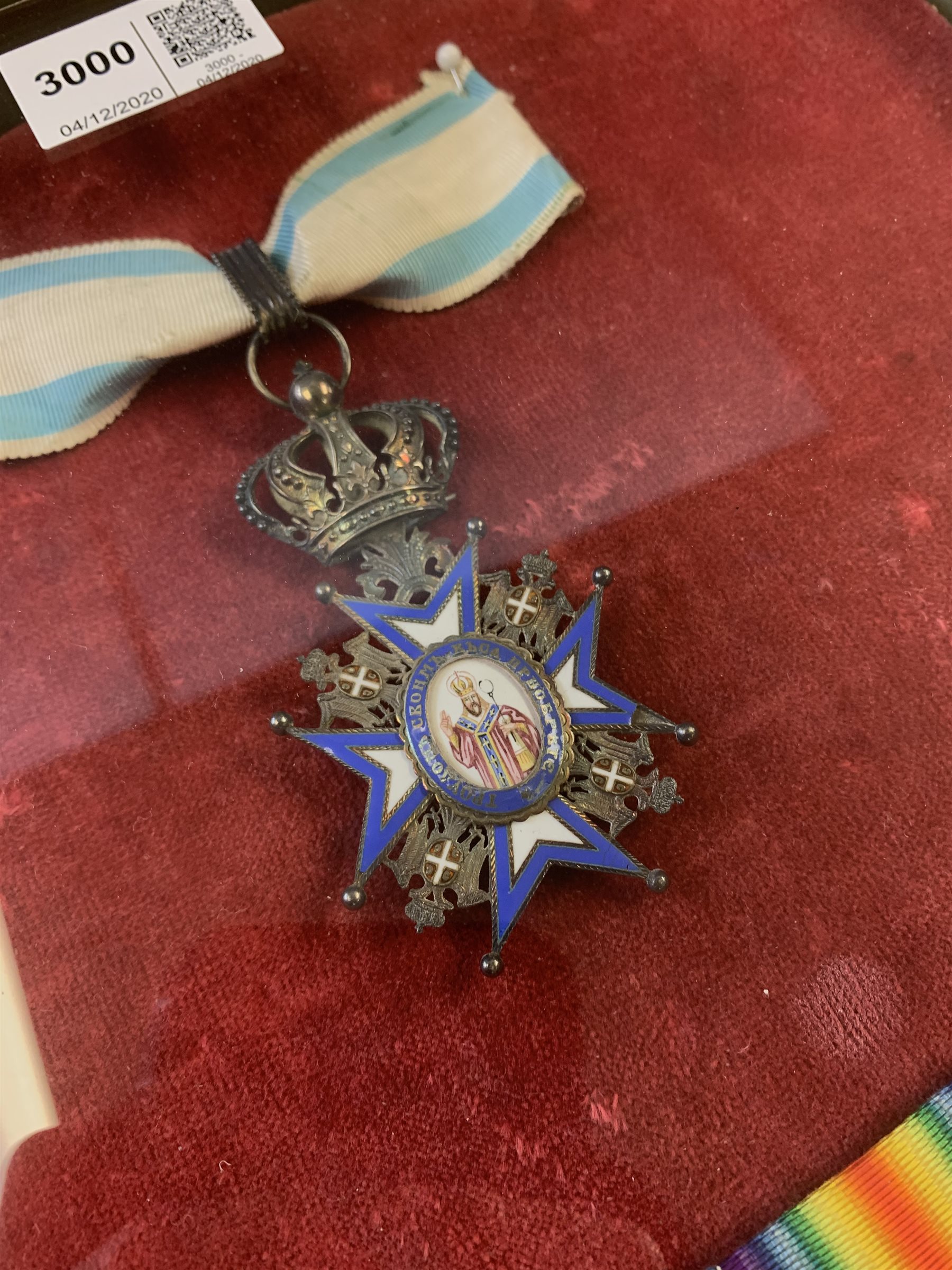 Group of seven medals/awards to Col. Stephen Fraser Clark M.B. R.A.M.C. comprising Victoria China 1900, no bar (Major S.F. Clark R.A.M.C.); 1914 Star (Lt.-Col. S.F. Clark R.A.M.C.); British War Medal 1914-20 and Victory Medal 1914-19 with oak leaf (Col. S.F. Clark); French Legion of Honour 1870 4th class enamelled; French Croix de Guerre 1914 -1916 with bronze star on ribbon; and Serbian Order of St. Sava 3rd Class silver gilt and enamelled neck badge; framed with some biographical information