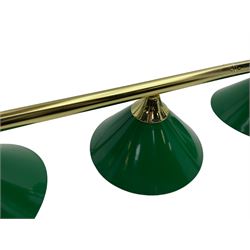 Brass snooker or pool table suspended ceiling light, tubular bar frame fitted with six green finish metal conical shades