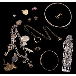 Gold heart pendant necklace, two gold stone set rings, gold black onyx ring and gold oddments, all 9ct, silver charm bracelet including squirrel in an acorn and key, silver bangles and bracelet