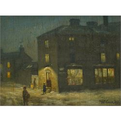 William Greaves (British 1852-1938): Moonlit Town Street in Winter, oil on panel signed 18cm x 23cm