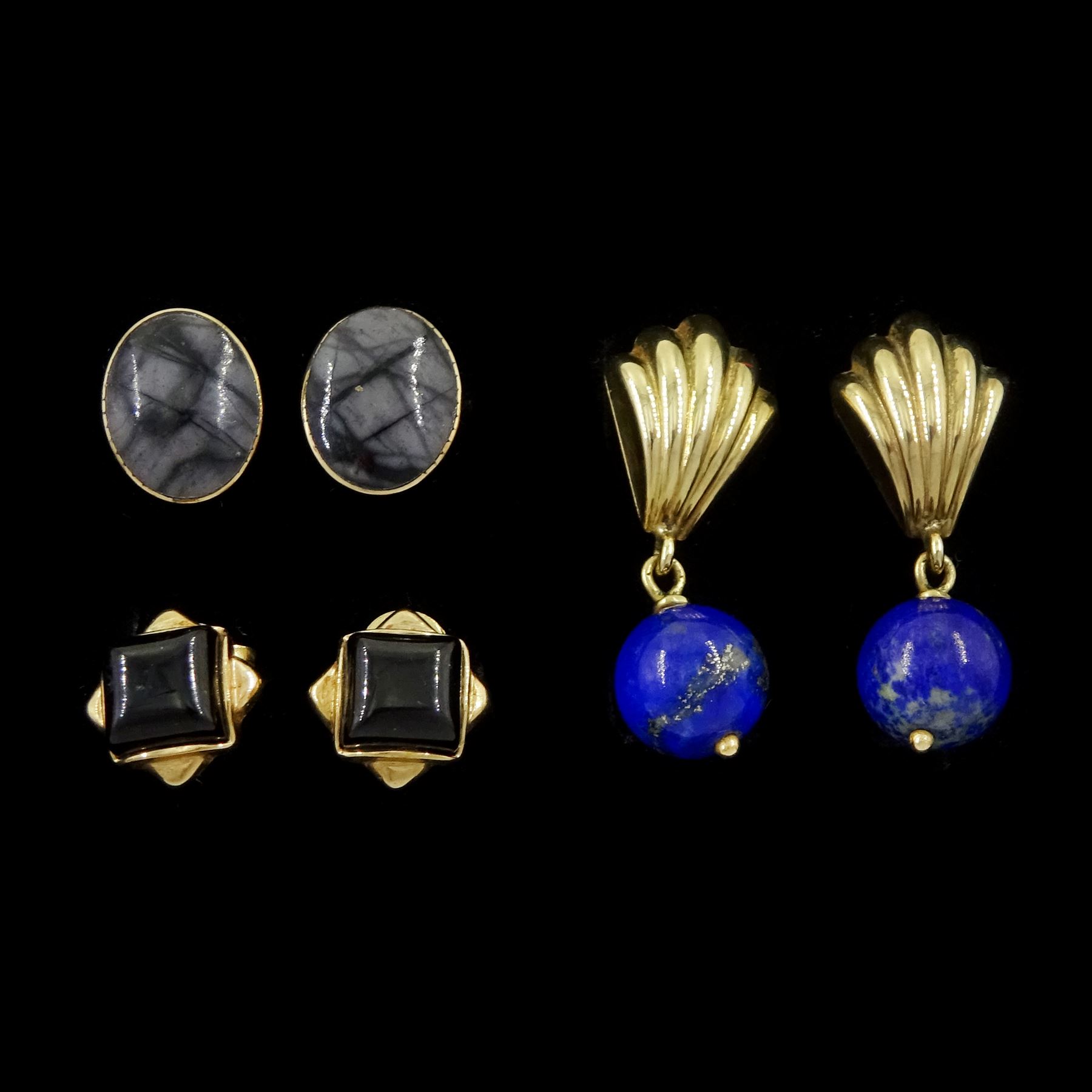 Three pairs of 9ct gold stud earrings including jet, lapis lazuli pendants and Picasso jasper