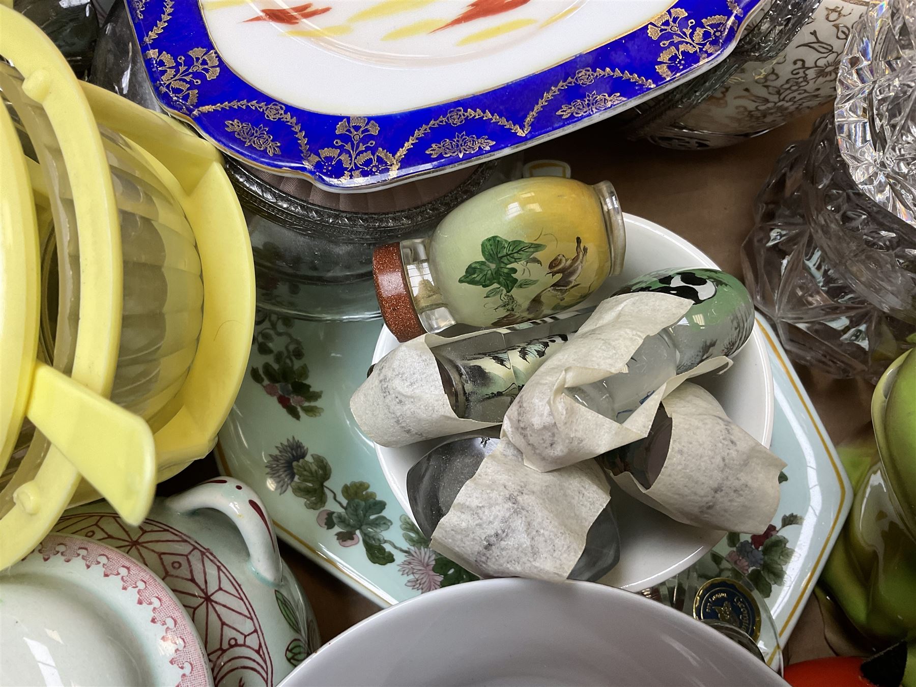 Four glass snuff bottles, together with assorted ceramics, including Carlton Ware cruet set,  in the form of a lady wearing a crinoline dress, Adams Calyx ware Singapore bird covered sucrier, etc  