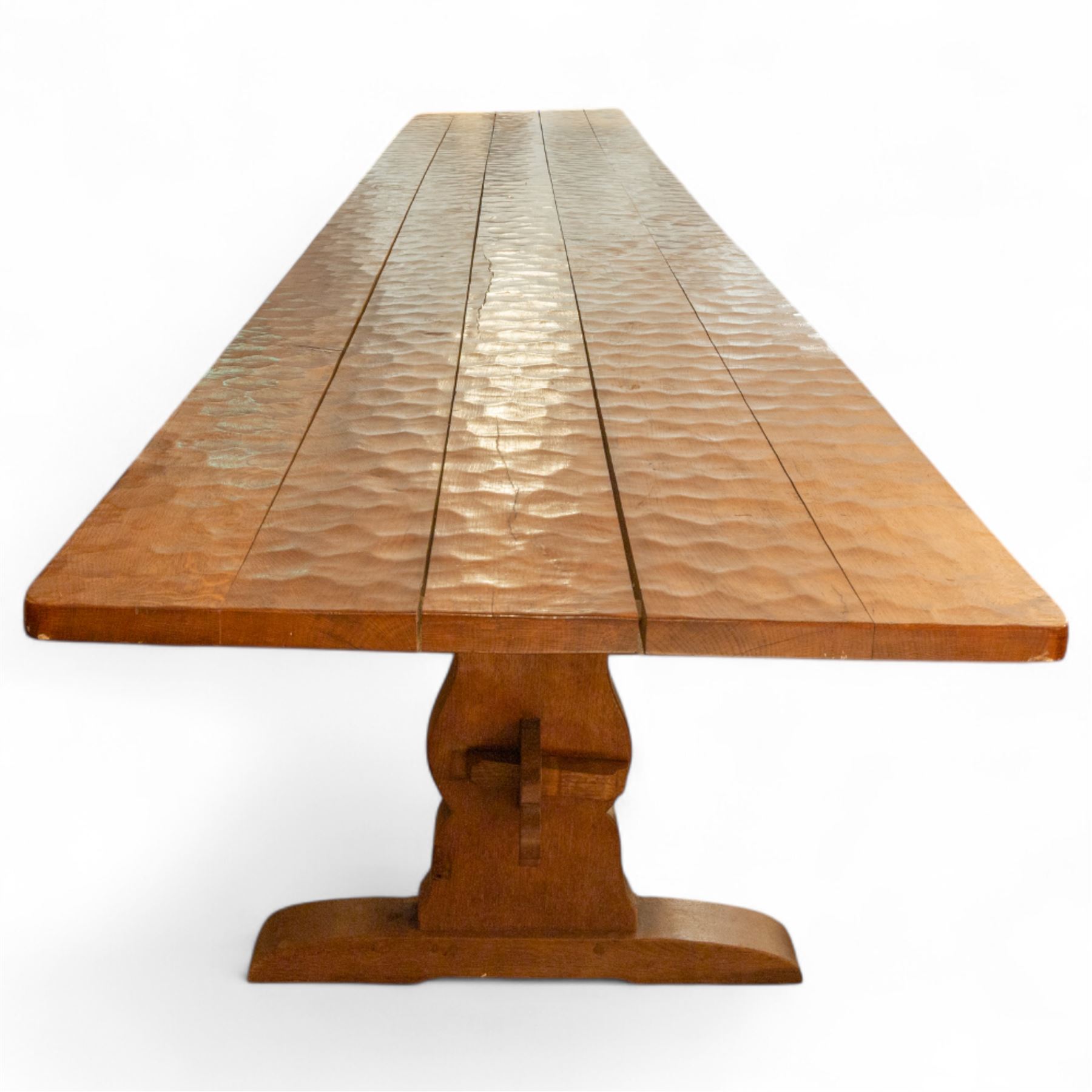 Gnomeman - 18ft adzed oak dining table, carved with gnome signature, by Thomas Whittaker, Littlebeck 