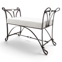 And So To Bed - 'Handel' wrought iron window seat, the rectangular upholstered seat enclosed by scrolling and arched ends with shaped uprights, on scrolling supports united by curved stretchers