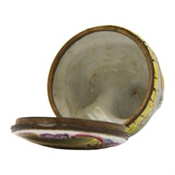 Rare 18th century Birmingham enamel bonbonniere, circa 1760, modelled as a grinning tiger laid upon a grassy sgraffito mound, the base decorated with a lion hunting scene after Antonio Tempesta, within a polychrome scroll surround, H5.5cm D6cm
