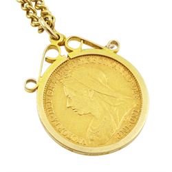 Queen Victoria 1901 gold half sovereign coin, loose mounted in 9ct gold pendant mount,hallmarked, on gilt chain