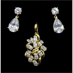 Gold cublic zirconia pendant and a pair of gold cubic zirconia pendant stud earrings, all hallmarked 14ct
